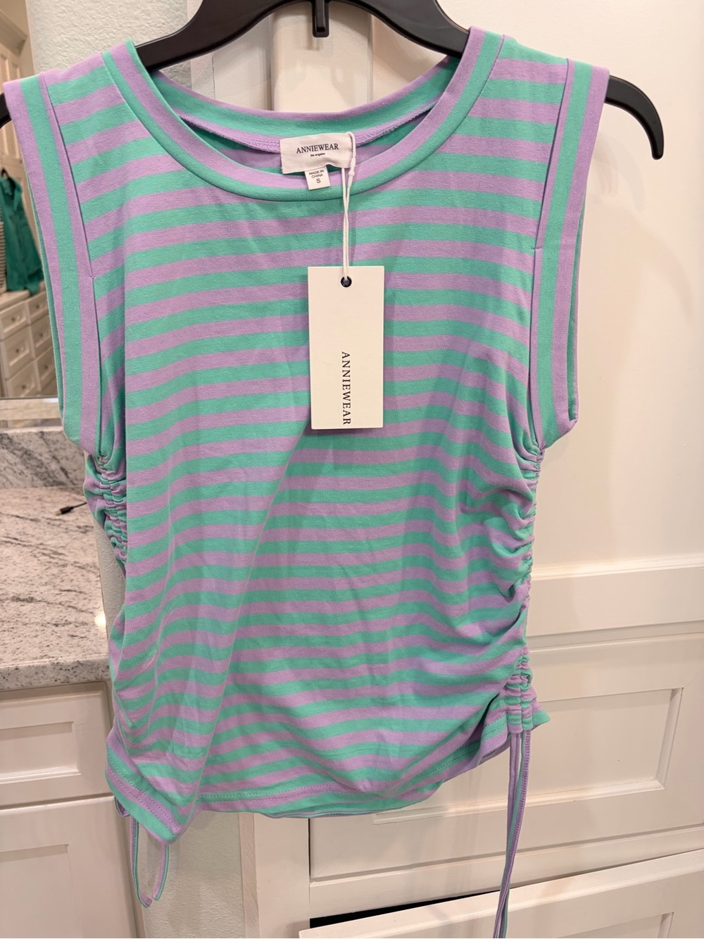 Anniewear Lavender and Mint Striped Sleeveless Tank with Side Ruching